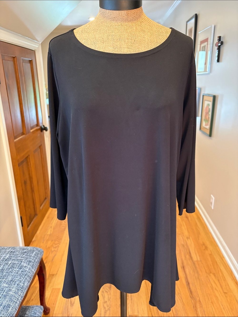 Classic Black Women's 3/4 Length Sleeve Swing Dress - Comfortable Everyday Style